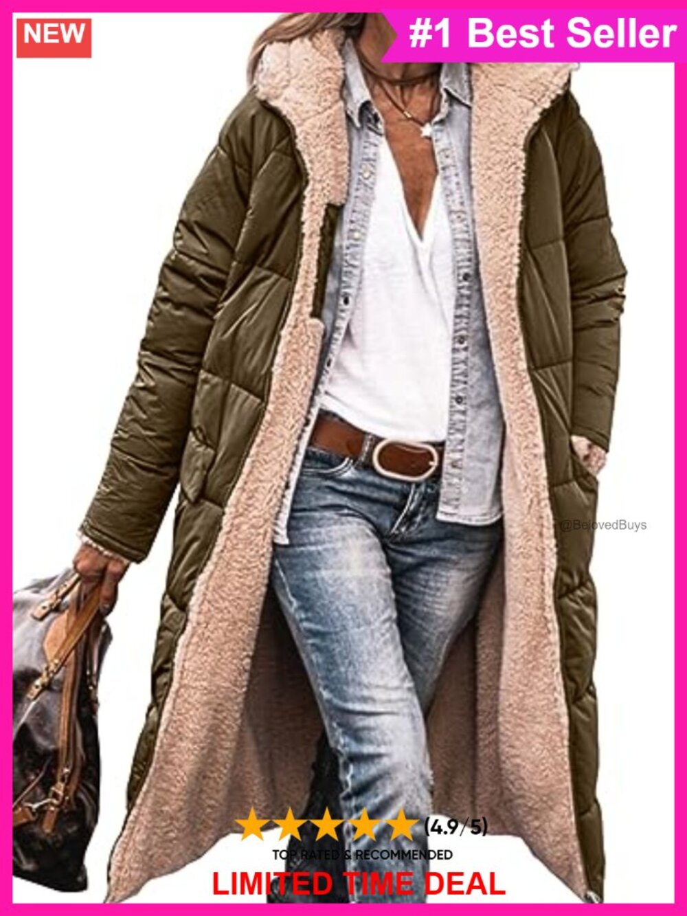Women's Fleece Warm Long Puffer Coat Hooded Zip Winter Jacket